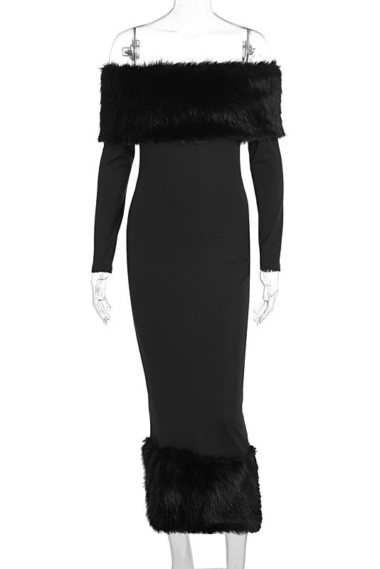 Elegant One Shoulder Fur Collar Slim Midi Dresses