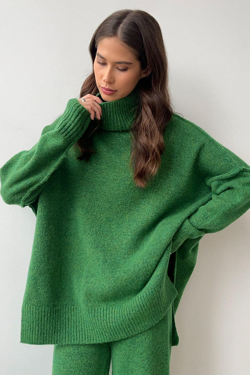 Turtleneck Split Sweater Løs Strik Bukser Sæt