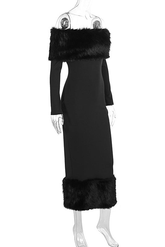 Elegant One Shoulder Fur Collar Slim Midi Dresses