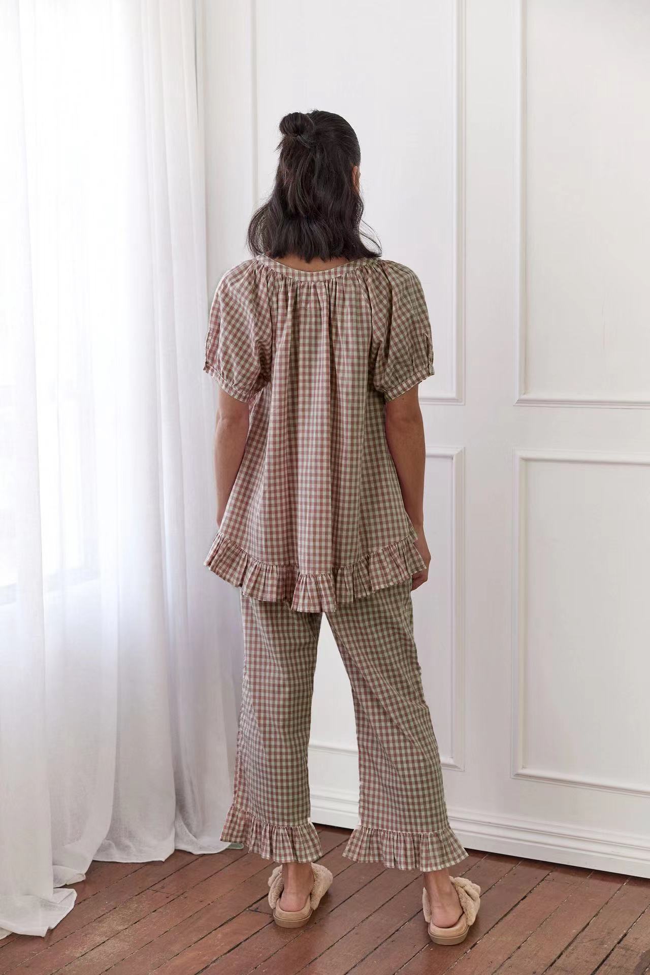 Casual Ruffled Plaid Print Shirt Pajama Set