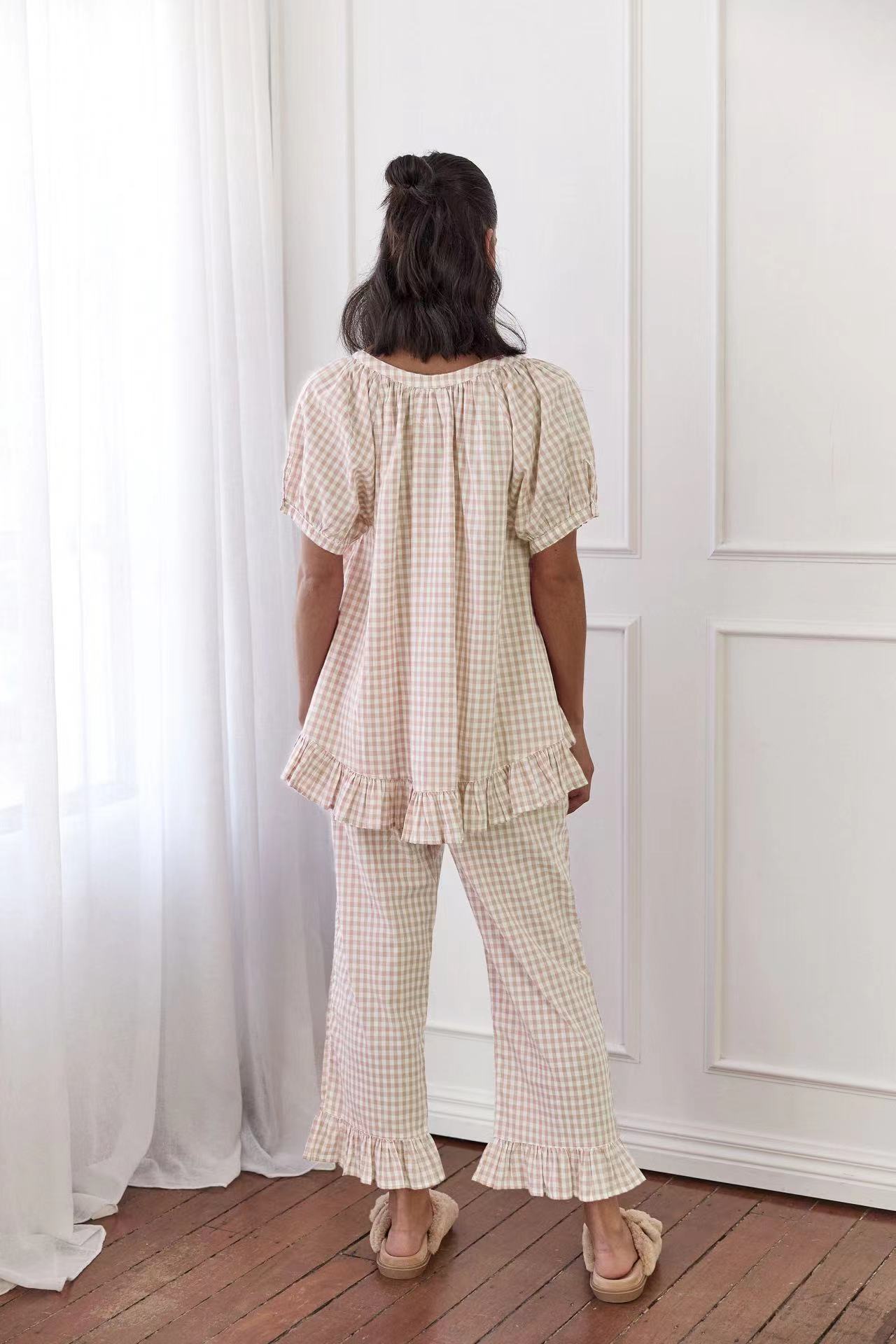 Casual Ruffled Plaid Print Shirt Pajama Set