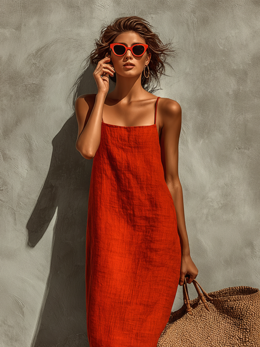 Vestido Vermelho de Algodão com Alças Finas e Decote Quadrado
