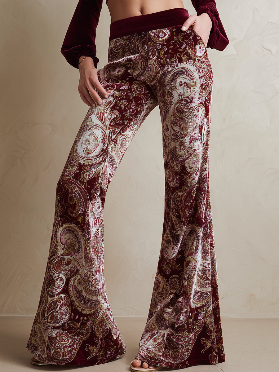 Vintage západní kalhoty s paisley potiskem z vínově červeného sametu s rozšířenými nohavicemi