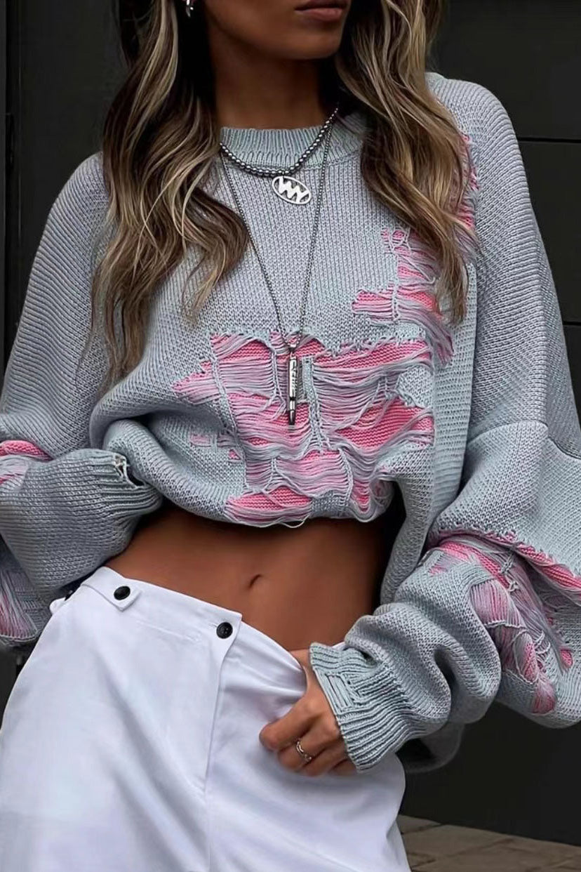 Colorblock Ripped Relaxed Sweater