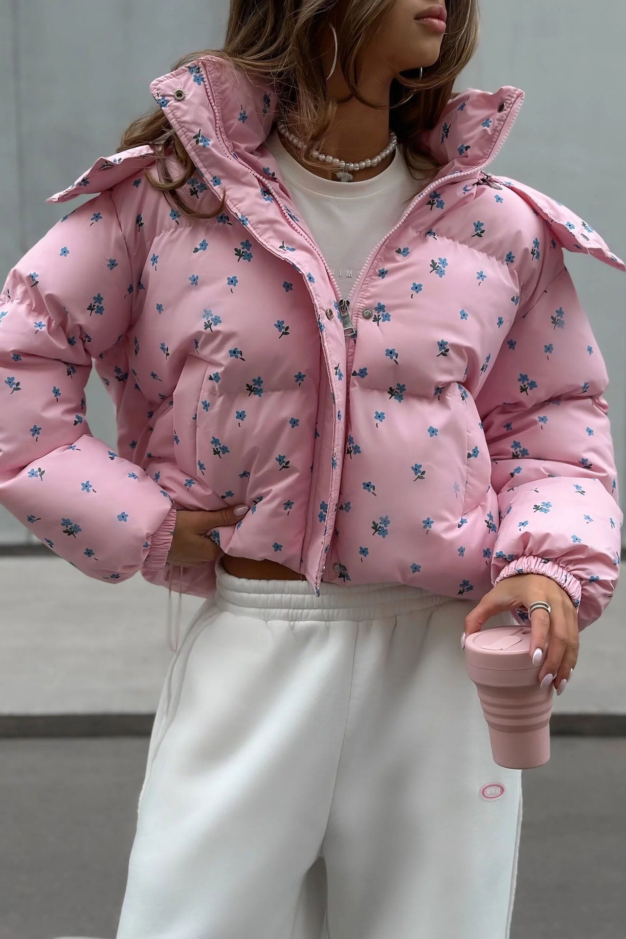 Floral Print Puffer Jacket with Hood