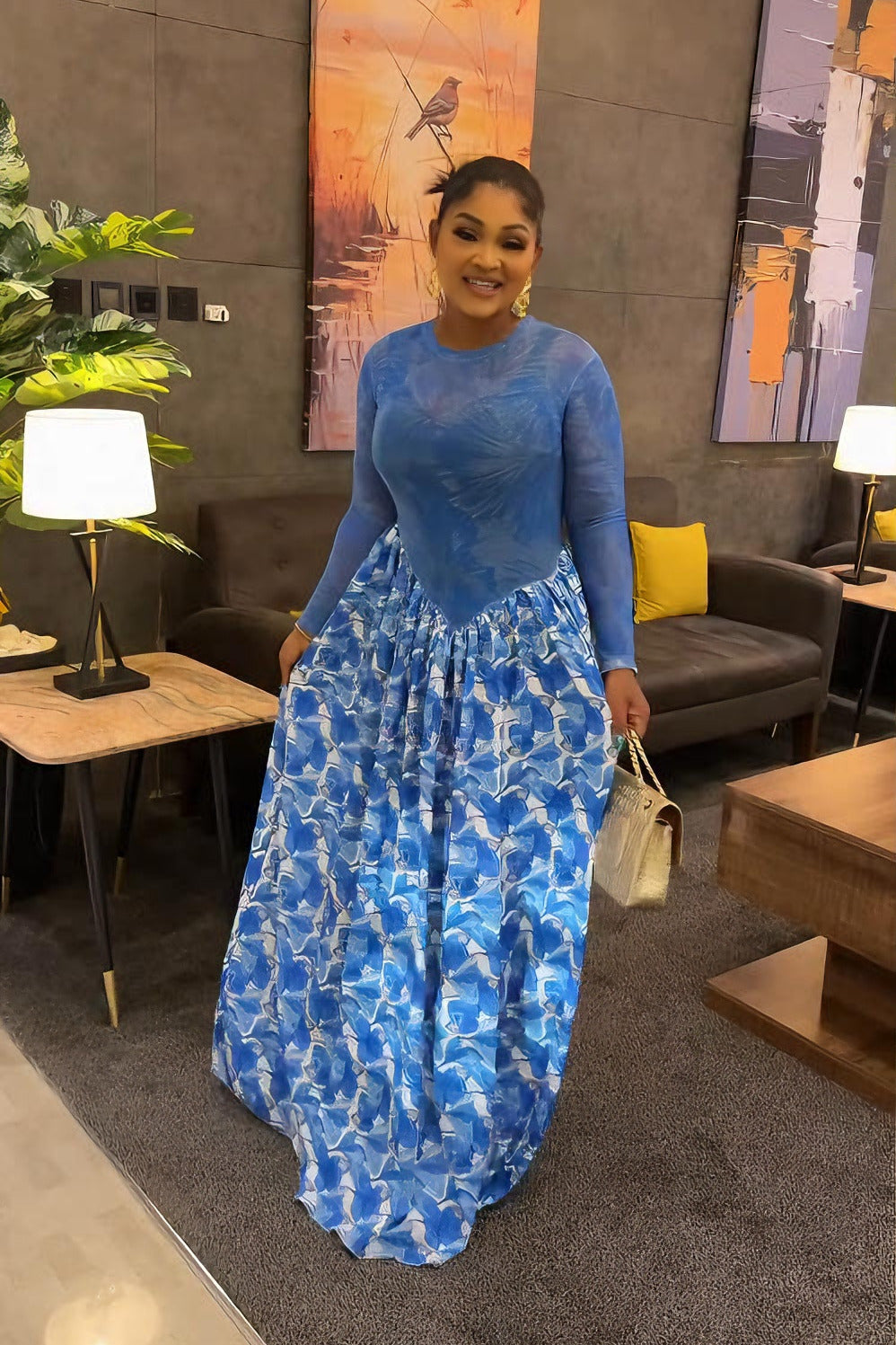 Oceanic Abstract Pleated Maxi Dress