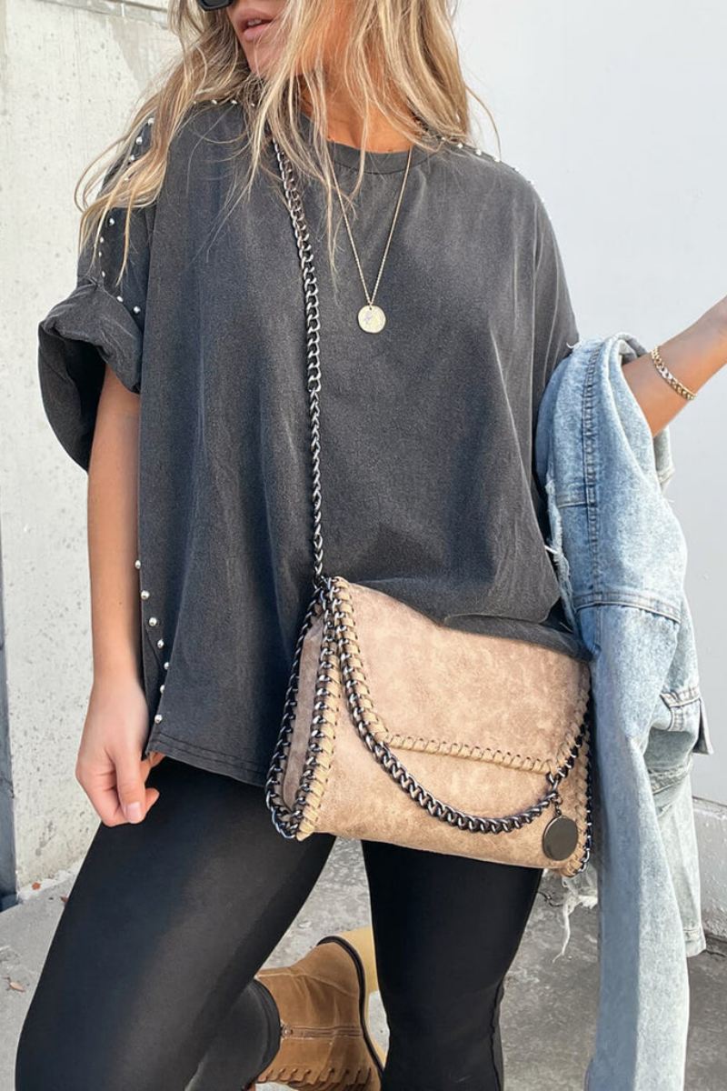 Roll Up Sleeve Studded Oversize T-Shirt