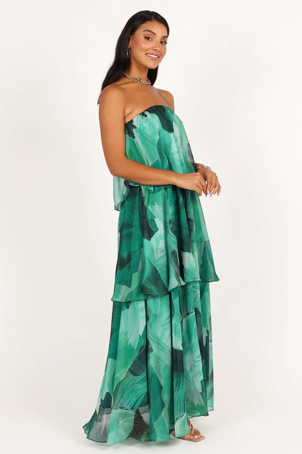 Calista Green Bloom Strapless Tiered Maxi Kleed