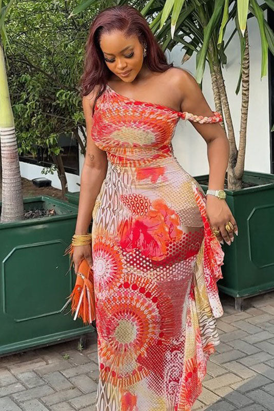 Tropical Geometric Print Asymmetric Maxi Dress