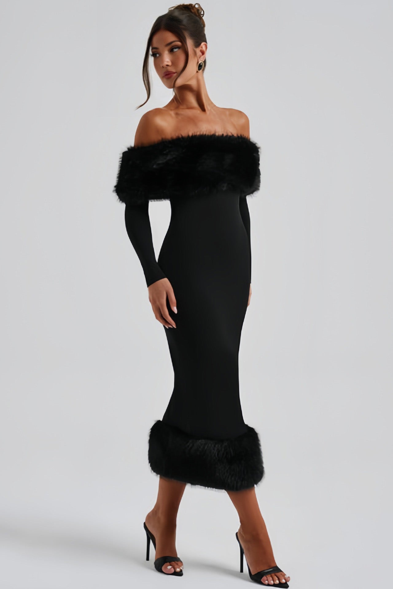 Elegant One Shoulder Fur Collar Slim Midi Dresses