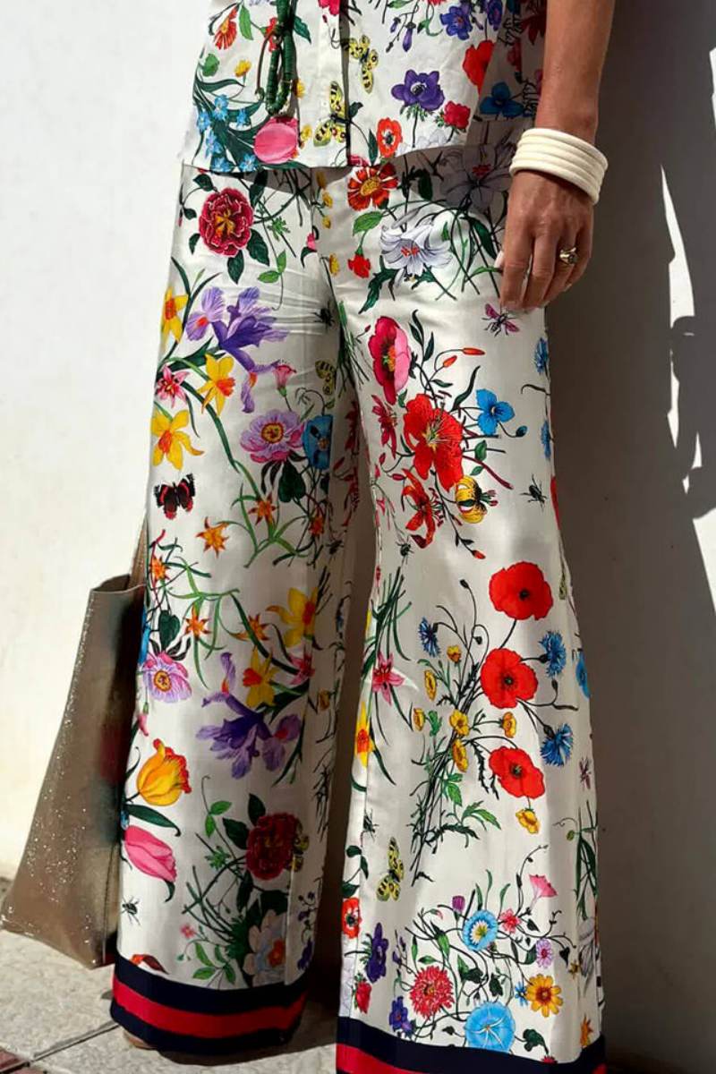 Floral Unique Print Elastic Waist Pocketed Wide Leg Pants-Set