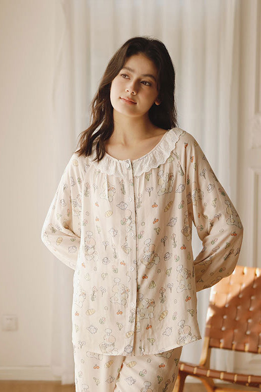 Saten Gül Nakışlı Pijama Takımı