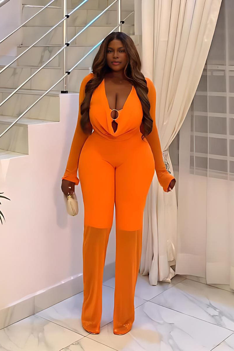 생기 있는 오렌지색 3피스 시스루 세트