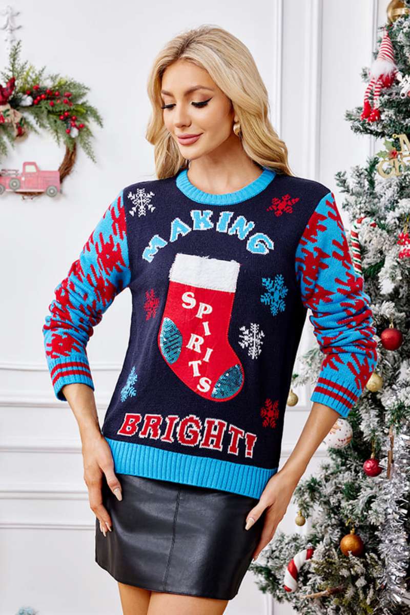 Pull en tricot brodé avec chaussettes de Noël décontractées