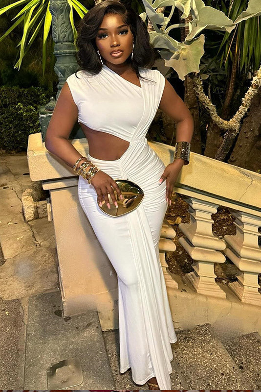 Vestido Maxi Assimétrico com Cauda Bronze Líquido