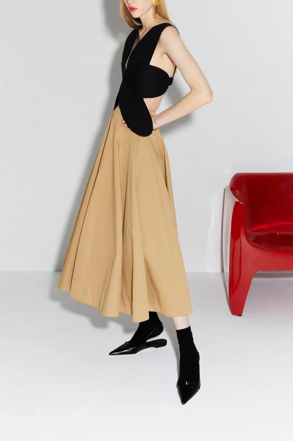 Floral Shape Cutout Top & Pleated Cotton-Poplin Midi Skirt
