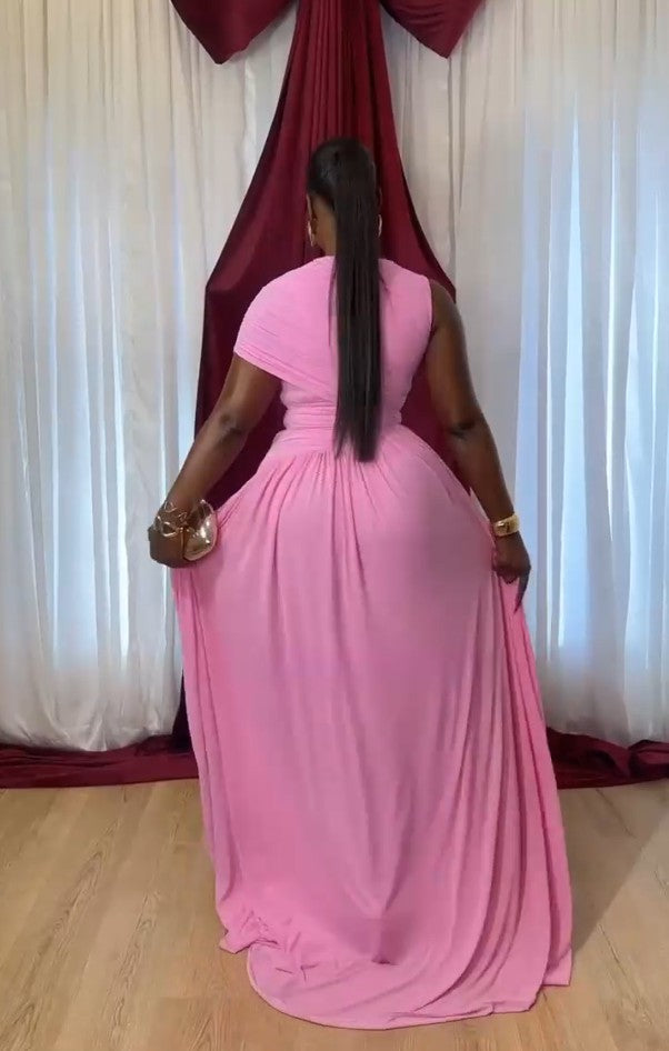 Hot Pink One-Shoulder Ruched Maxi Dress