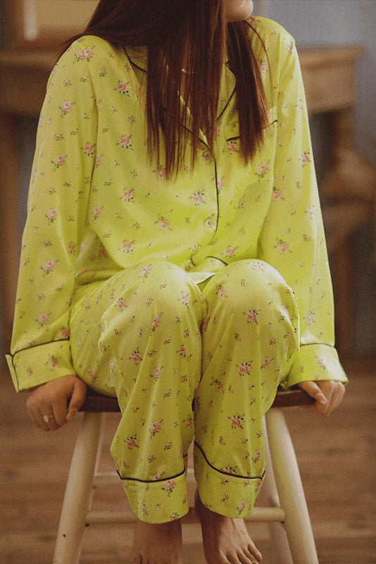 Fluorescent Green Floral Long Sleeve Pajama Set