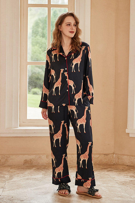 Giraffe langærmet Ice Silk Loungewear Sæt - Sort