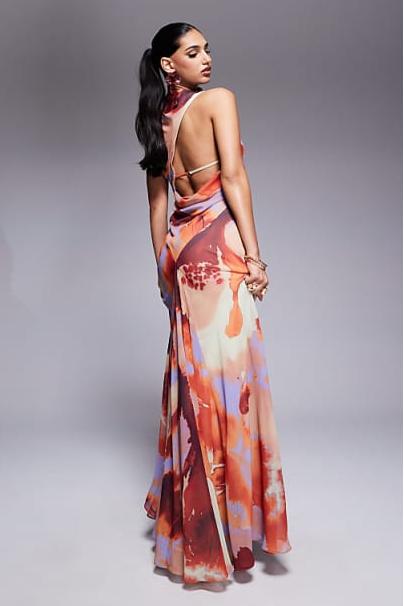 Red Peach Ink Painting Maxi Dress
