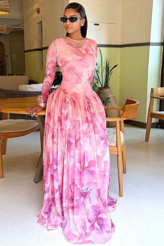 Vestido largo fluido floral rosa soñador