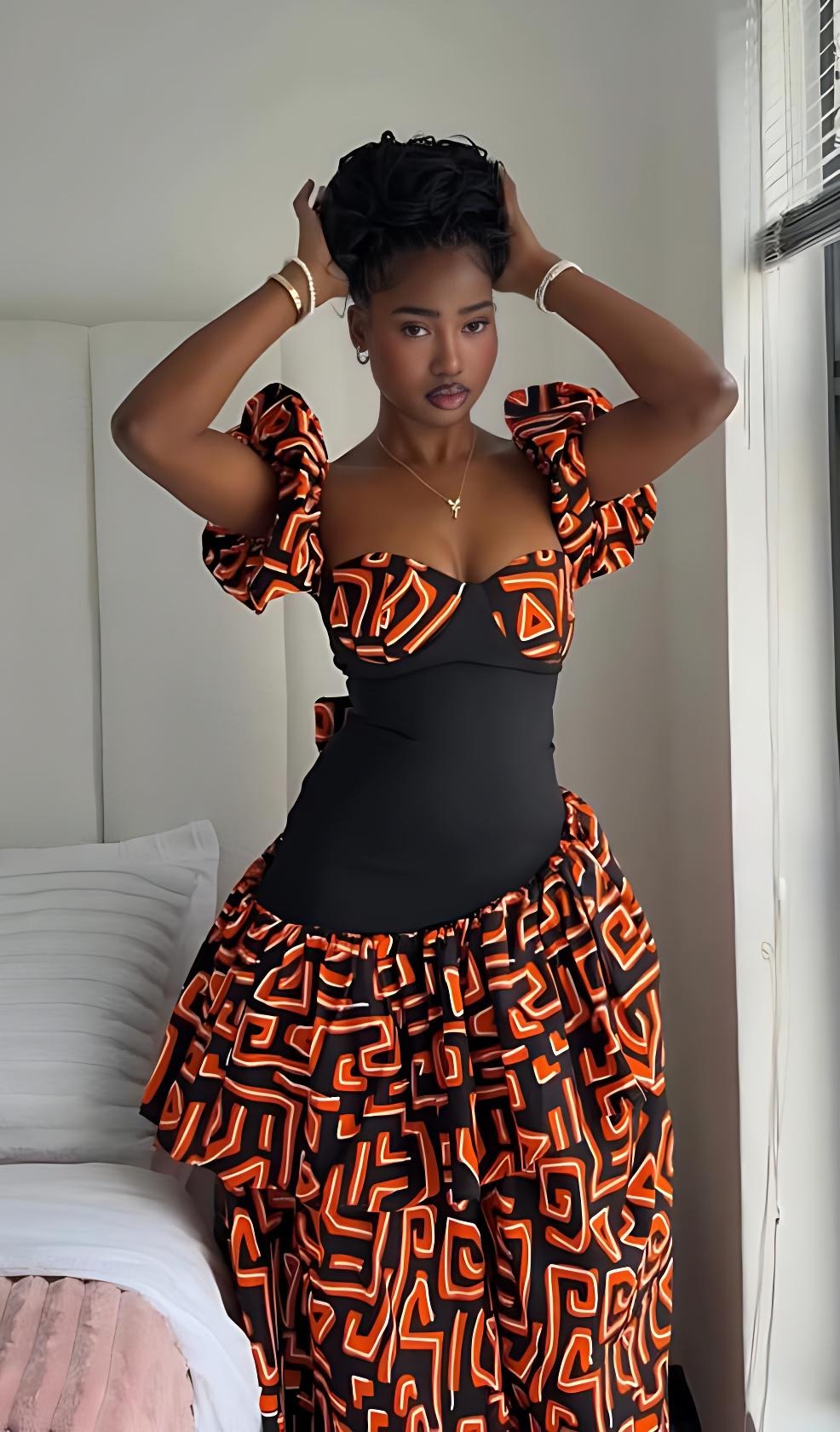 Vestido Maxi com Folhos, Mangas Bufantes e Estampa Ankara