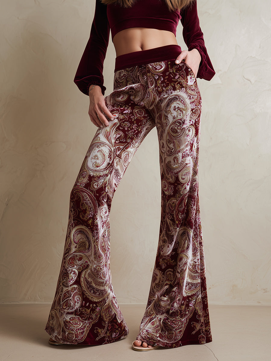 Vintage západní kalhoty s paisley potiskem z vínově červeného sametu s rozšířenými nohavicemi