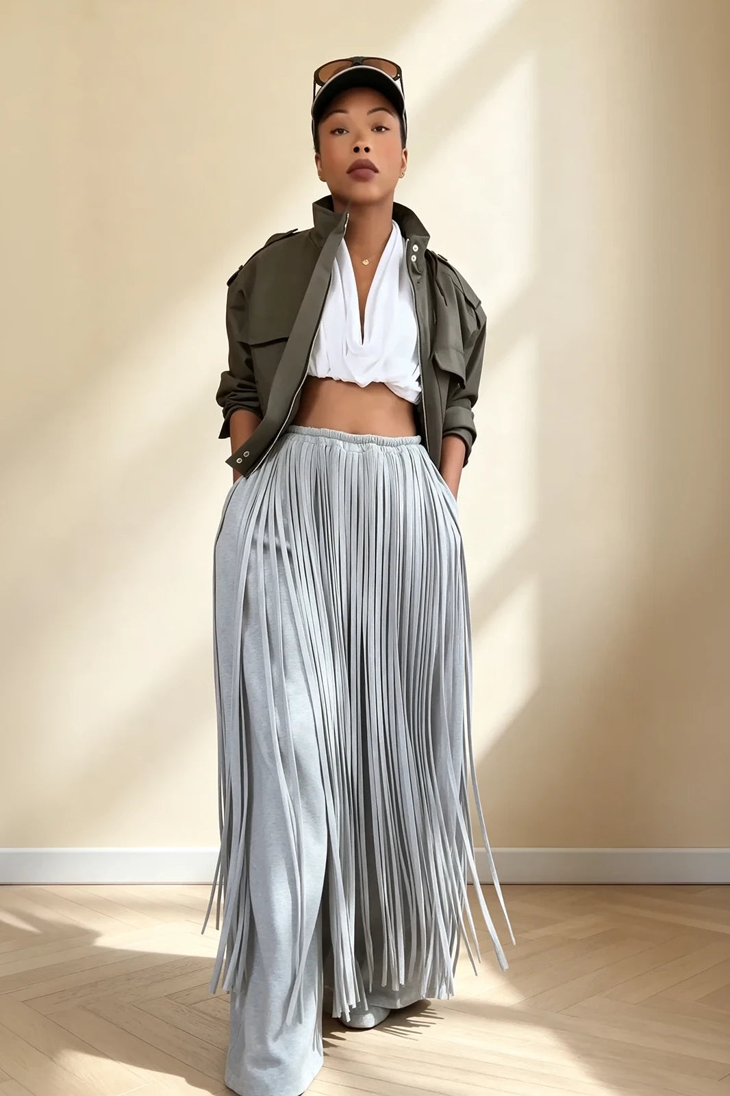 Pantalon gris épais à franges et jambes larges