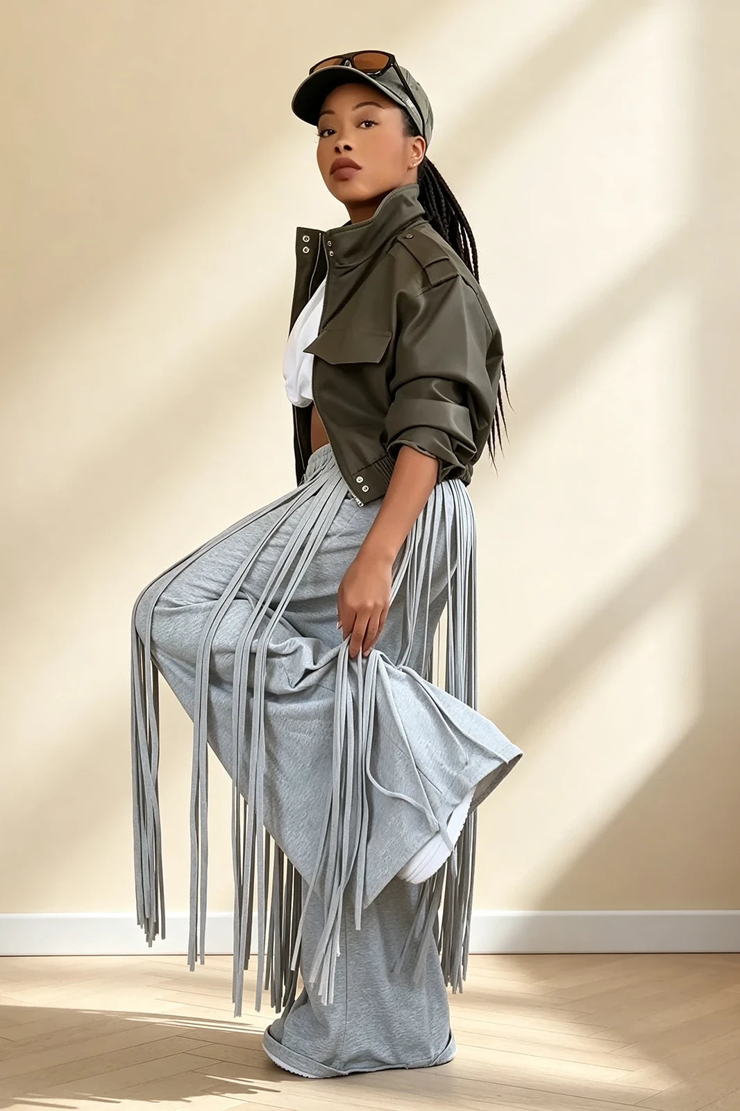 Grey Heavy Fringe Wide Leg Pants