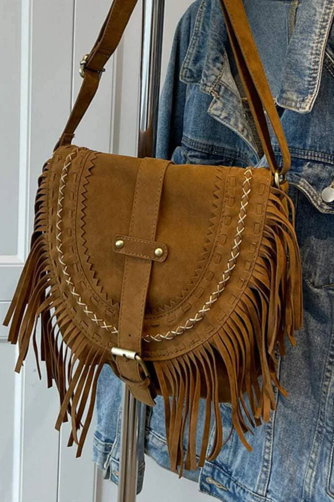 Brun Western Cowboy Style Fringe Crossbody taske