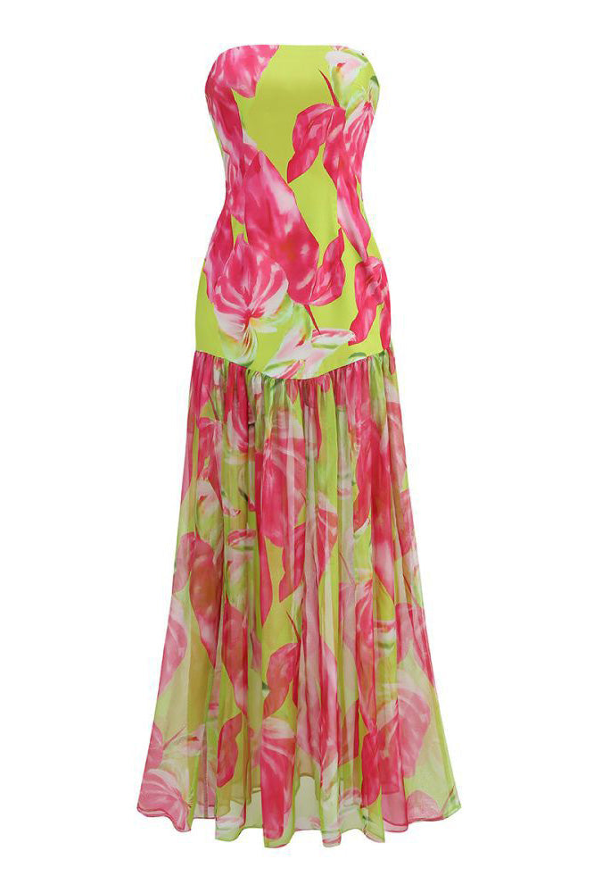 Pam bedrukte strapless split maxi-jurk