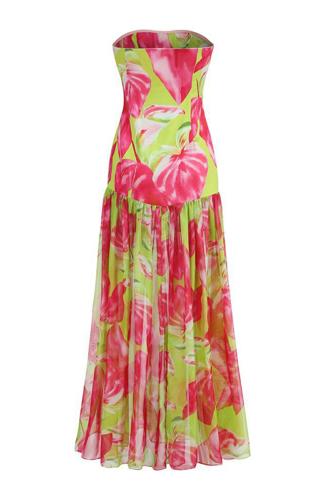 Pam Printed Stroppeløs Slit Maxi Dress