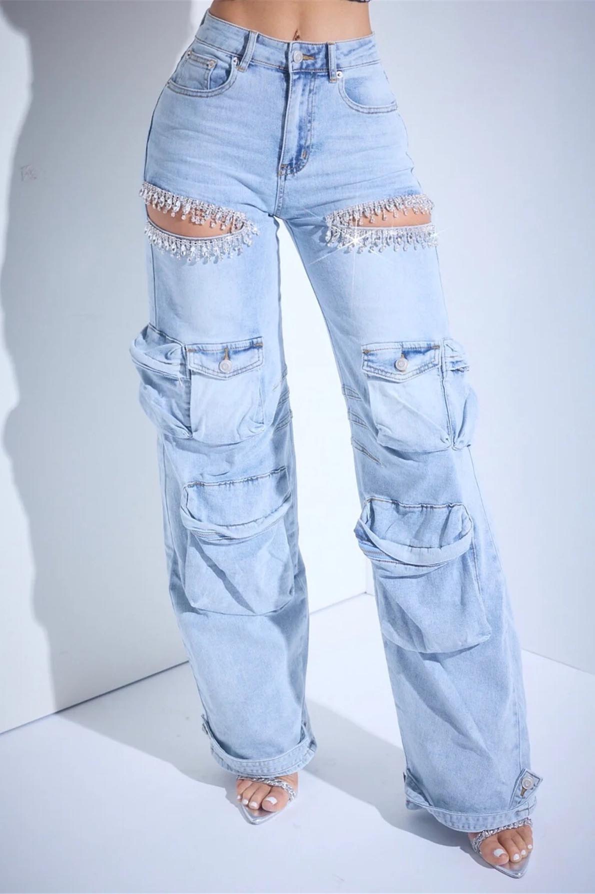 Cut Out Rhinestone Cargo Jeans