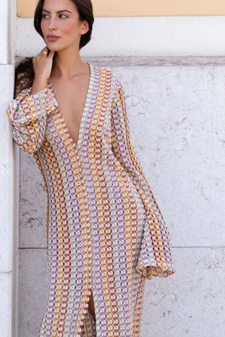 Robe longue style Boho, col en V, manches cloche, rayures ondulées, crochet, vacances à la plage