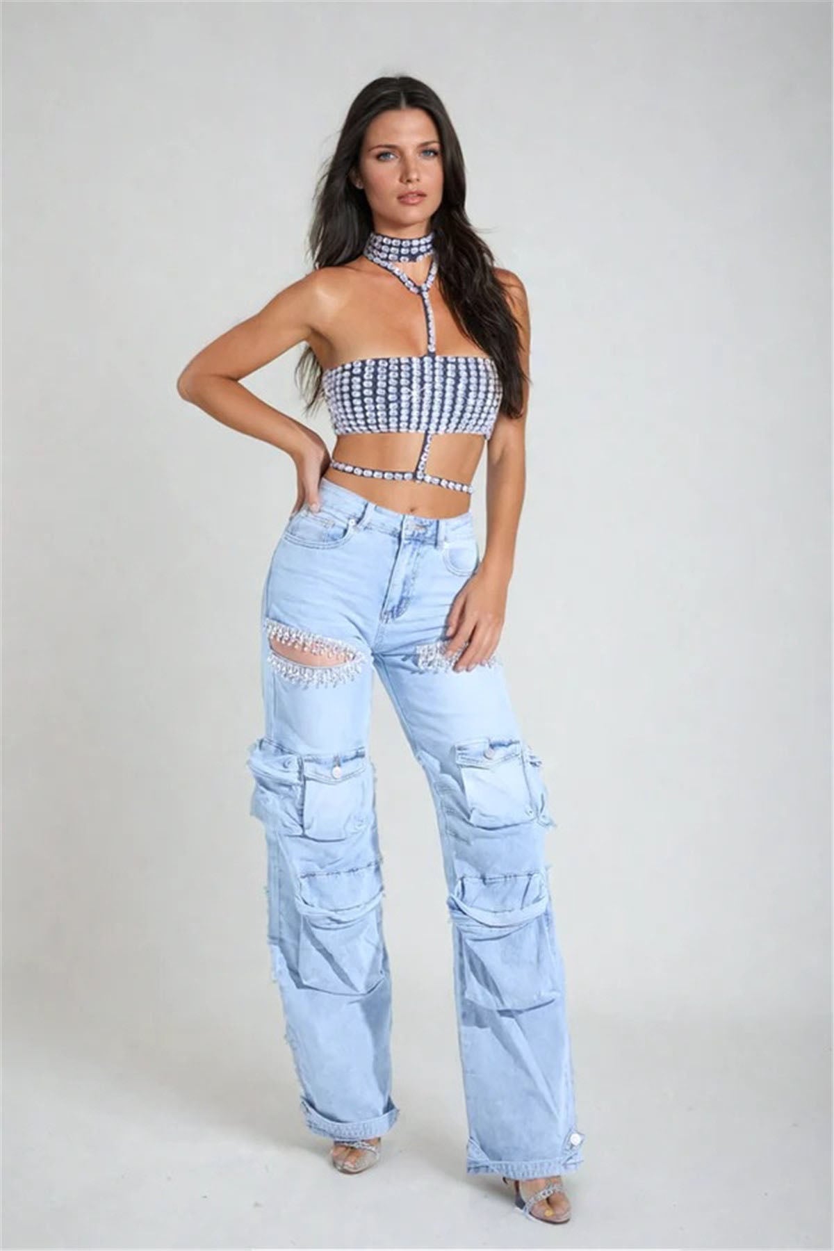 Cut Out Rhinestone Cargo Jeans