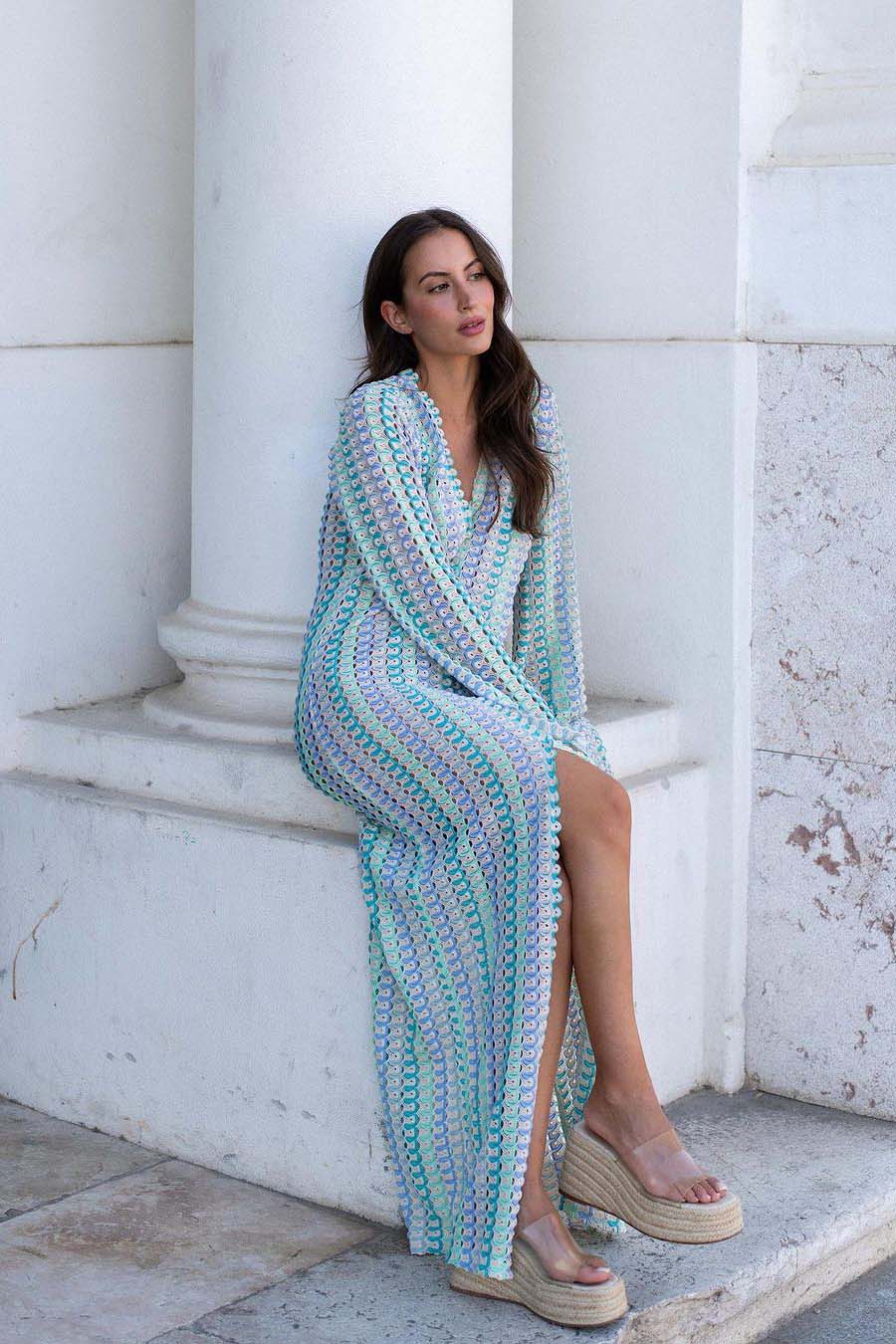 Robe longue style Boho, col en V, manches cloche, rayures ondulées, crochet, vacances à la plage