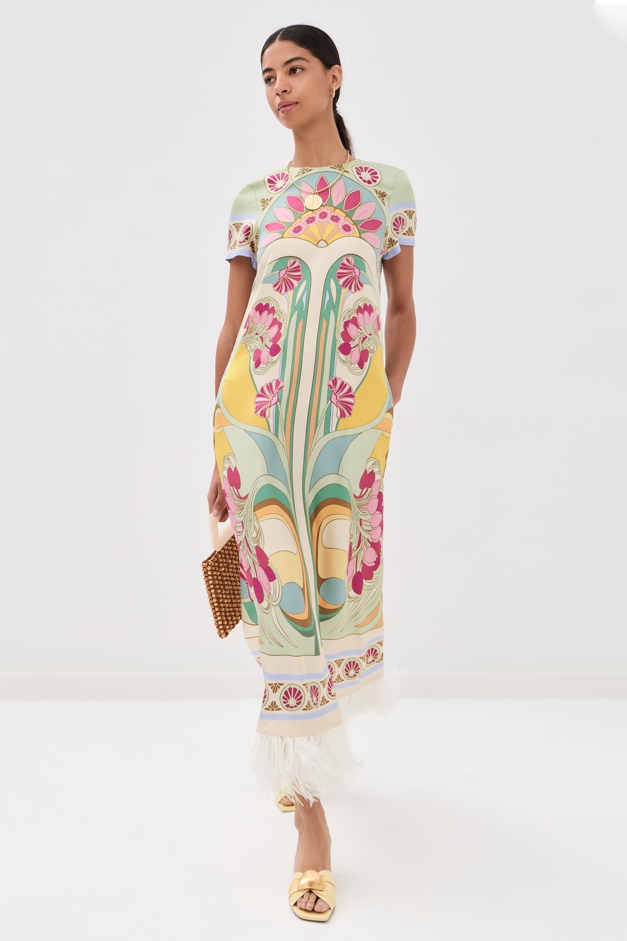Vestido Midi Art Déco com Penas na Barra