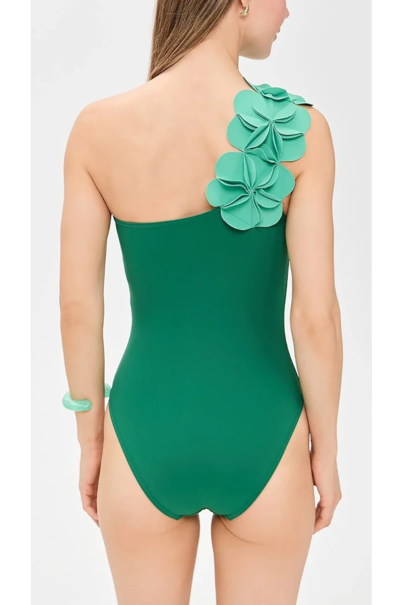 Green One-Shoulder 3D Floral Swimsuit
