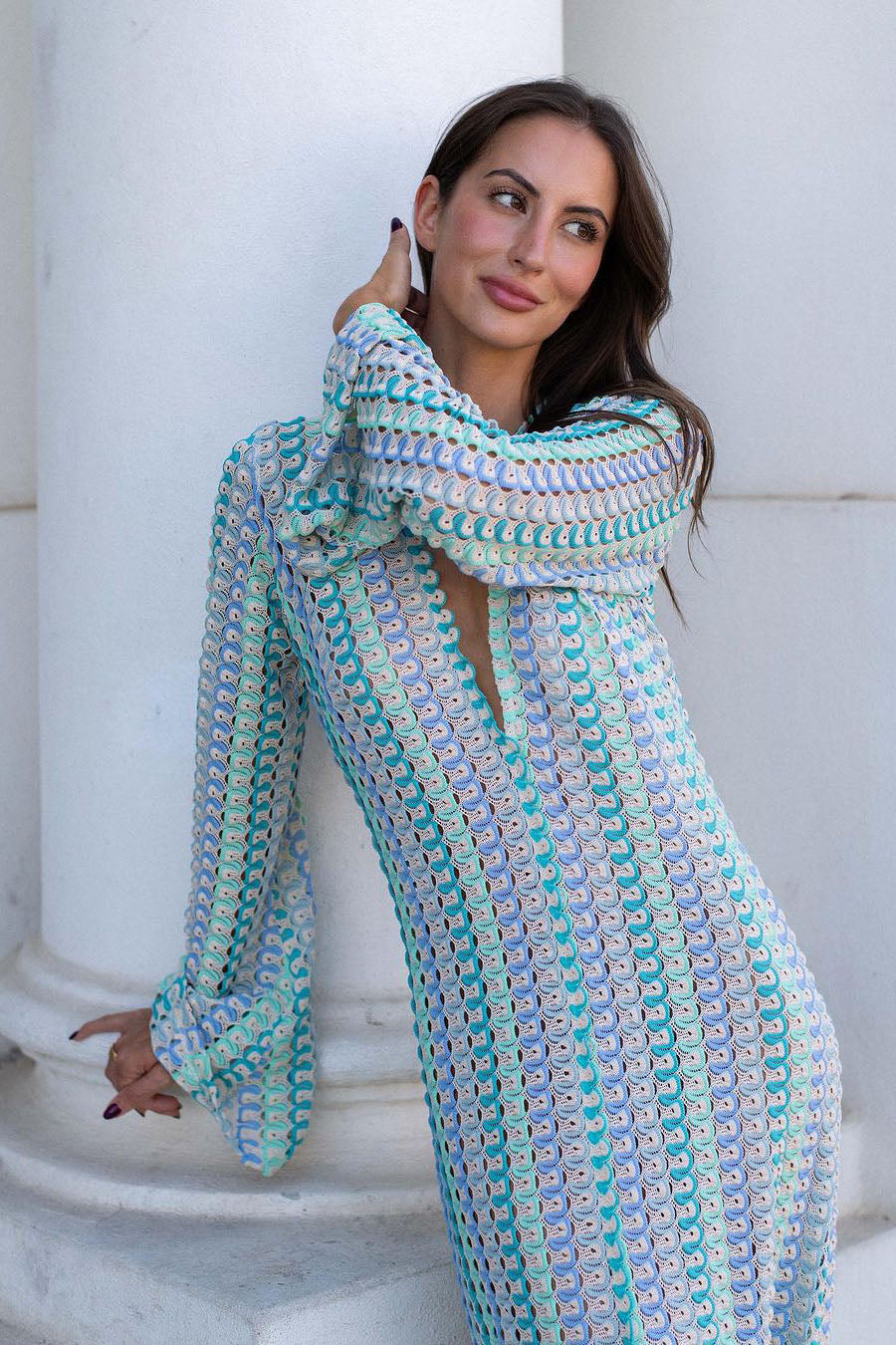 Robe longue style Boho, col en V, manches cloche, rayures ondulées, crochet, vacances à la plage