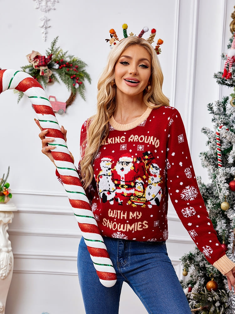 Lässiger, bestickter Pullover mit Rundhalsausschnitt – Weihnachtsmann und Pinguin