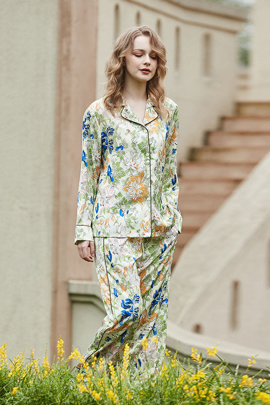 Morning Glory  and Lily Pattern Cardigan Long Sleeve Pajama Set