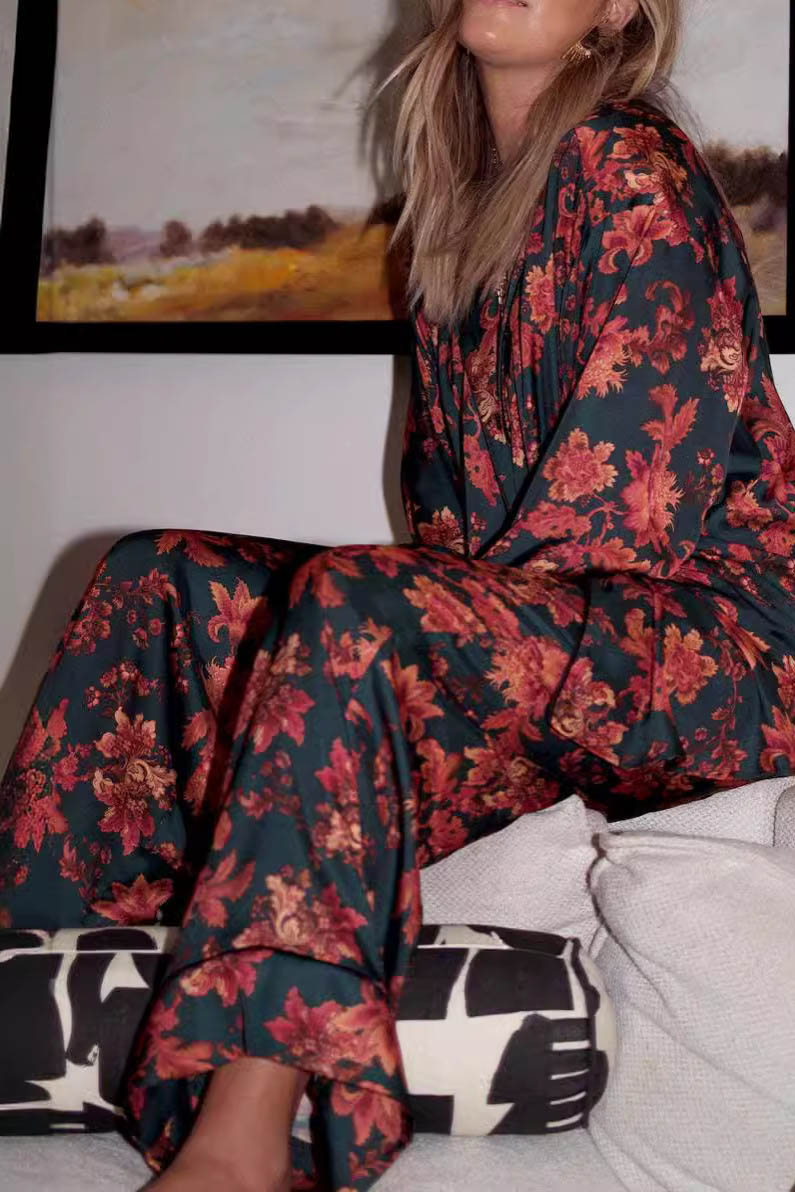 Blomster satin pyjamas sæt