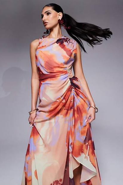Red Peach Ink Painting Maxi Dress