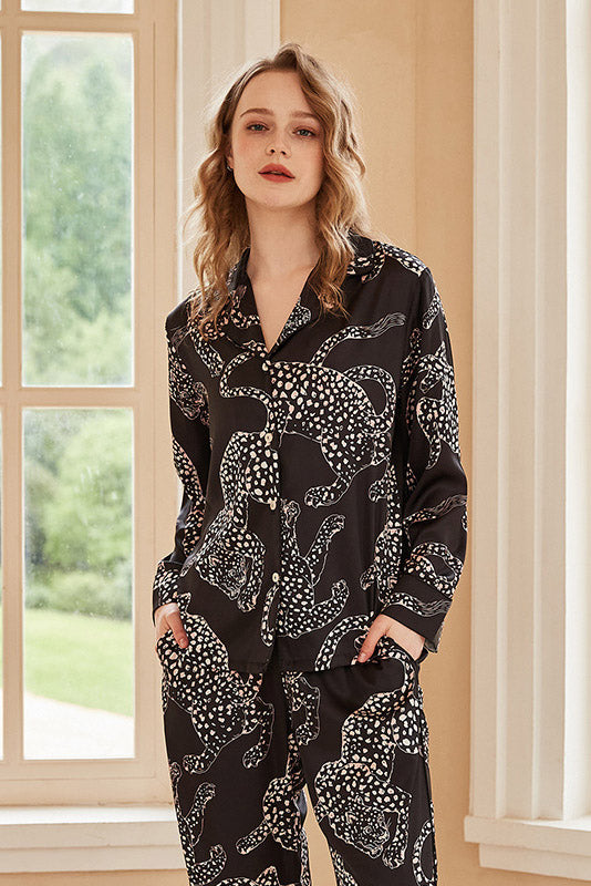 Schwarzes Jaguar-Print Langarm-Pyjama-Set