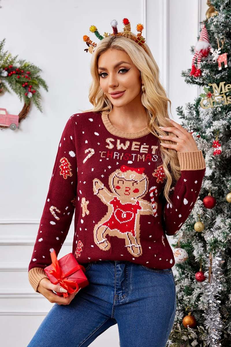 Lässiger Pullover mit Rundhalsausschnitt und Stickerei – Gingerbread Man