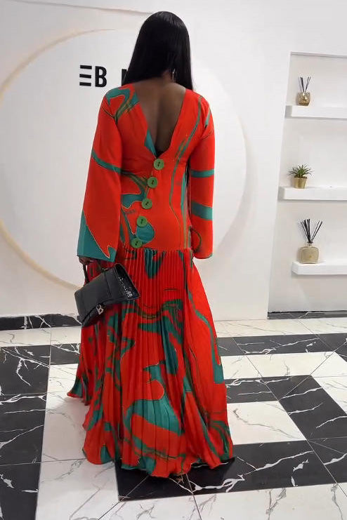 Tropical Wave Pleated Maxi Dress