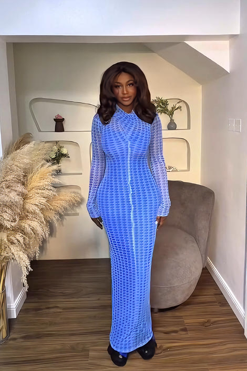 Electric Blue Sheer Texture Bodycon Maxi Dress