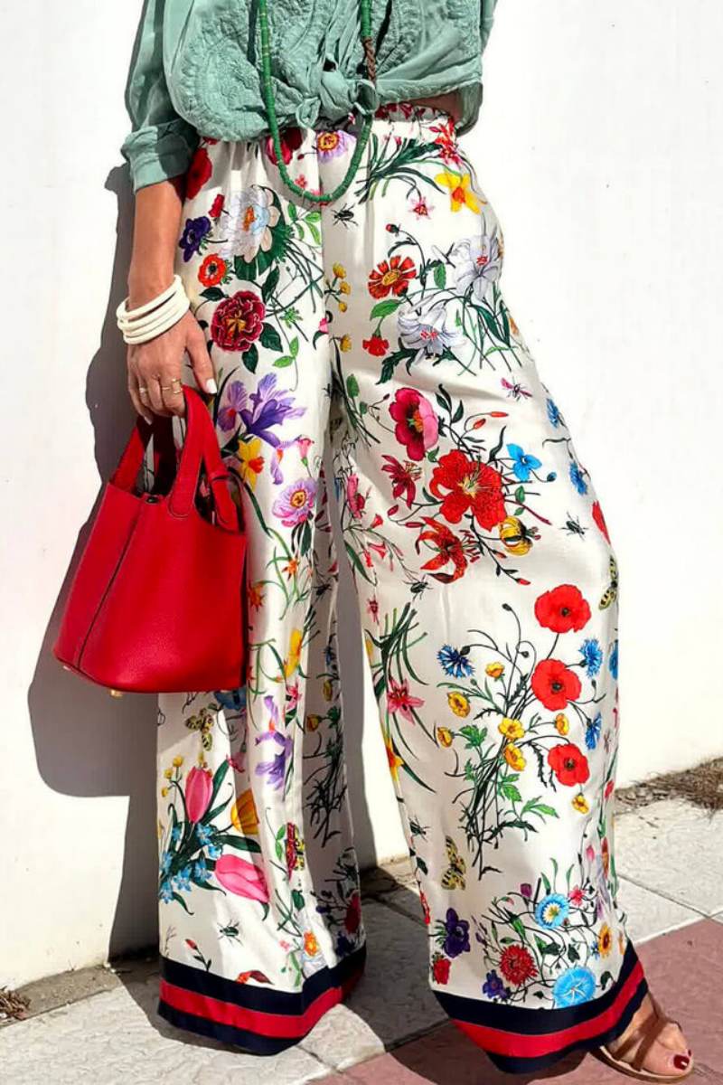 Floral Unique Print Elastic Waist Pocketed Wide Leg Pants-Set