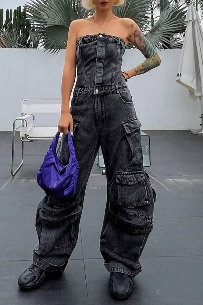 Street Style Strapless Denim Jumpsuit