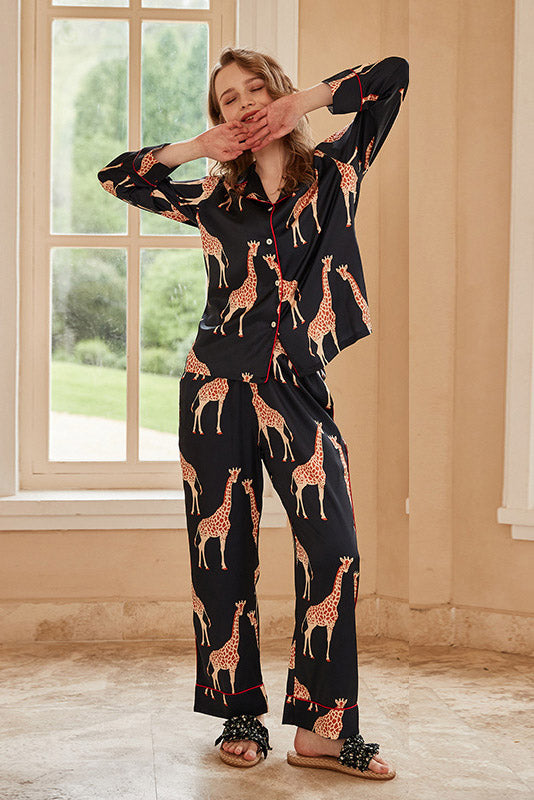 Black Giraffe Print Long-Sleeve Pajama Set